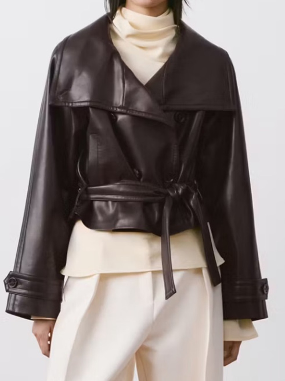 Mango Chocolate Brown Double-Breasted Faux Leather Trench 4433